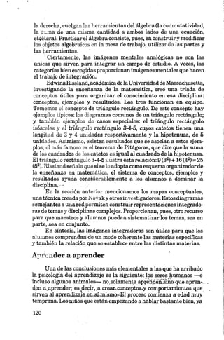 la derecha, cuelgan las herramientas del álgebra (la conmutatividad,
la sama de una misma cantidad a ambos lados de una ecuación,
etcétera). Practicar el álgebra consiste, pues, en construir y modificar
los objetos algebraicos en la mesa de trabajo, utilizando las partes y
las herramientas.
Ciertamente, las imágenes mentales analógicas no son las
únicas que sirven para integrar un campo de estudio. A veces, las
categorías bien escogidas proporcionanimágenes mentales quehacen
el trabajo de integración.
Edwinaífissland, académicadelaUniversidaddeMassachusetts,
investigando la enseñanza de la matemática, creó una tríada de
conceptos útiles para organizar el conocimiento en esa disciplina:
conceptos, ejemplos y resultados. Los tres funcionan en equipo.
Tomemos el concepto de triángulo rectángulo. De este concepto hay
ejemplos típicos: los diagramas comunes de un triángulo rectángulo;
y también ejemplos de casos especiales: el triángulo rectángulo
isósceles y el triángulo rectángulo 3-4-5, cuyos catetos tienen una
longitud de 3 y 4 unidades respectivamente y la hipotenusa, de 5
Unidades. Asimismo, existen resultados que se asocian a estos ejem­
plos; el más famoso es el teorema de Pitágoras, que dice que la suma
dé los cuadrados de los catetos es igual al cuadrado de la hipotenusa.
El triángulo rectángulo 3-4-5 ilustra esta relación: 9 (32) +16 (42) = 25
(52). Rissland señala que si se lo adopta como esquema organizador de
la enseñanza en matemática, el sistema de conceptos, ejemplos y
resultados ayuda considerablemente a los alumnos a dominar la
disciplina. -
En la sección anterior mencionamos los mapas conceptuales,
una técnica creada porNovaky otros investigadores. Estos diagramas
semejantes a una red permiten construir representaciones integrado-
ras de temas y disciplinas complejos. Proporcionan, pues, otro recurso
para que maestros y alumnos puedan sistematizar los temas, sea en
parte, sea en conjunto.
En síntesis, las imágenes integradoras son útiles para que los
alumnos comprendan de un modo coherente las materias específicas
y también la relación que se establece entre las distintas materias.
Aprender a aprender
Una de las conclusiones más elementales a las que ha arribado
la psicología del aprendizaje es la siguiente: los seres humanos— e
incluso algunos animales— no solamente appendeiLsinoqueapren-.
den a^aprender; es decir,,a.erear..conceptos-y comportamientos que
sirven al aprendizaje.en-sLmismo.-El proceso comienza a edad muy
temprana. Los niños que están empezando a hablar bastante bien, ya
 