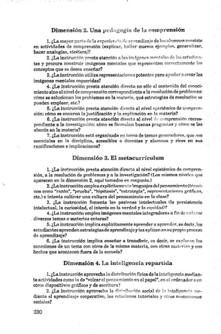 1. ¿La mayor parte déla experiencia de aprendizaje de los alumnos consiste
en actividades de comprensión (explicar, hallar nuevos ejemplos, generalizar,
hacer analogías, etcétera)?
2. ¿La instrucción presta atención a las imágenes ment ales de los estudian­
tes y procura construir imágenes mentales que representen correctamente los
conceptos que se desea enseñar?
3. ¿La instrucción utiliza representaciones potentes para ayudar acrear las
imágenes mentales requeridas?
4. ¿La instrucción presta atención directa no sólo al contenido del conoci­
miento sino al nivel de comprensión correspondiente a la resolución de problemas:
cómo se solucionan los problemas en la materia, qué estrategias de resolución se
pueden emplear, etc.?
5. ¿La instrucción presta atención directa al nivel epistémico de compren­
sión: cómo se encaran la justificación y la explicación en la materia?
6. ¿La instrucción presta atención directa al nivel do comprensión corres­
pondiente a la investigación: cómo se formulan buenas preguntas y cómo se las
aborda en la materia?
7. ¿La instrucción está organizada en tomo de temos generadores, que son
esenciales en la disciplina, accesibles a docentes y alumnos y ricos en sus
ramificaciones e implicaciones?
Dimensión 3. El metacurrículum
1. ¿La instrucción presta atención directa al nivel epistémico de compren­
sión, a la resolución de problemas y a la investigación? (Los mismos niveles que
aparecen en la dimensión 2, aquí tomados en conjunto.)
2. ¿La instrucción emplea explícitamente lenguajes del pensamiento (térmi­
nos como “razón”, “prueba”, “hipótesis", “estrategia”, representaciones gráficas,
etc.) e intenta cultivar una cultura del pensamiento en la clase?
3. ¿La instrucción fomenta las pasiones intelectuales (la persistencia
intelectual, la curiosidad, el interés en la verdad y la equidad)?
4. ¿La instrucción emplea imágenes mentales íntegradoras a fin de on!ozar
diversos temas o materias enteras?
5. ¿La instrucción implica explícitamente aprender a aprender, es decir, los
estudiantes aprenden estrategias de aprendizajeylas aplican en su propio proceso
de aprendizaje?
6. ¿La instrucción implica enseñar a transferir, es decir, se exploran las
conexiones de un tema con otros de la misma materia, con otras materias y con
hechos que acontecen fuera de la escuela?
Dimensión 4. La inteligencia repartida
1. ¿La instrucción aprovéchala distribución física déla inteligencia median­
te actividades como la de “volcar el pensamiento en el papel”, en el ordenador o en
otros dispositivos gráficos y de escritura?
2. ¿La instrucción aprovecha la distribución social de la inteligencia m e­
diante el aprendizaje cooperativo, las relacion es tutoriales y otros m ecanism os
sociales?
 