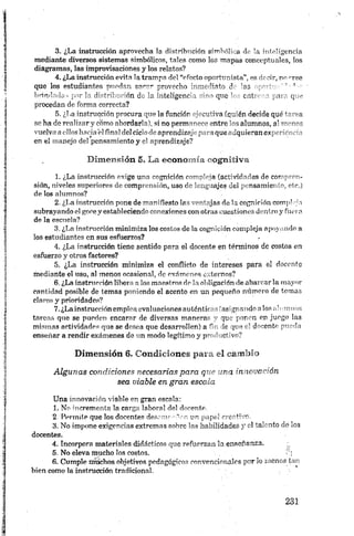 3. ¿La instrucción aprovecha la distribución sim bólica de la inteligencia
mediante diversos sistemas simbólicos, tales com o los m ap as conceptuales, los
diagramas, las improvisaciones y los relatos?
4. ¿La instrucción evita la trampa del “efecto op ortu n ista” , es decir, n o oree
que los estudiantes puedan sn crr provecho inmediato.de las opo'-t*! ' ■
brindadas por la distribución de la inteligencia sino que los entrena para que
procedan de forma correcta?
5. ¿La instrucción procura qu e la función ejecutiva (quién decide qué tarea
se ha de realizar y com o abordarla), si n o perm an ece entre los alu m n os, al m enos
vuelva a ellos hacia'elfinal delciclo de aprendizaje para que adqu ieran experiencia
en el m anejo del pensam iento y el aprendizaje?
Dimensión 5 . L a e c o n o m ía eognitiva
1. ¿L a instrucción exige una cognición com pleja (actividades de com p ren­
sión, niveles superiores de com prensión , uso de lengu ajes del pensam iento, etc.)
de los alum nos?
2. ¿La instrucción pone de m anifiesto las ventajas de la cognición complejn
su brayand o el goce y estableciendo conexiones con otras cuestiones dentro y fuera
de la escuela?
3. ¿La instrucción minimiza los costos d e la cognición com pleja ap oyand o a
los estudiantes en sus esfuerzos?
4. ¿,La instrucción tiene sentido para el docente en términos de costos en
esfuerzo y otros factores?
5. ¿La instrucción minimiza el conflicto de intereses para el docente
mediante el uso, al menos ocasional, de exórnenos externos?
6. ¿La instrucción libera a los m aestros de la obligación de ab arca r la m ayor
cantidad posible de tem as poniendo el acento en un p equ eñ o nú m ero de tem as
d a ro s y prioridades?
7. ¿La instrucción em plea evaluaciones au tén ticas (asignan do a los ahím nos
tareas que se pueden encarar de diversas m aneras y que ponen en ju eg o las
m ism as actividades que se desea que desarrollen ) a fin de que el docente pueda
enseñar a rendir exámenes de un m odo legítimo y p roductivo?
Dimensión 6. C o n d ic io n e s p a r a e l cam bio
Algunas condiciones necesarias para que una innovación
sea viable en gran escala
Una inn ovación viable en gran escala:
1. No incrementa la carga laboral del docente.
2. Permite que los docentes desonir-oiVn un papel creativo.
3. No impone exigencias extremas sobro las habilidades y el talento de los
docentes.
4. Incorpora materiales didácticos que refuerzan la enseñanza.
5. No eleva mucho los costos. í;¡
6. Cumple muchos objetivos pedagógicos convencionales p or io m enos tan
bien como la instrucción tradicional.
 