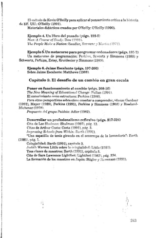 El método de Kevin O’Reilly para aplicar el pensamiento crítico a la historia
de EE. UU.: O’Reilly (1991).
Materiales didácticos creados por O’Reilly: O’Reilly (1990).
Ejemplo 4. U n libro del pasado (págs. 193-5)
Man: A Caurse nfSludy: Dow (1991).
The Peoplc M ake a N ation: Sandler, Rozwenc y Martin (197!).
Ejem plo Sí Un m etacnrso para program ar ordenadores (págs. 195-7)
Un metacurso de programación: Perkins, Scwartz y Simmons (1988) y
Schwartz, Pefkips, Estey, Kruidenier y Simmons (1989).
Ejemplo 6. Jaim e Escalante (págs. 197-200)
Sobre Jaime Escalante: Matthews (1988).
Capítulo 9. El desafío de un cam bio en gran escala
Poner en funcionamiento el cambio (págs, 208-10)
The New M eaning a f Educational Change: Futían (1991).
El conocimiento como estructura: Perkins (1988).
Para otras perspectivas sobre cómo enseñar a comprender, véanse Gardner
(1991), Mayer (1989), Perkins (1991), Perkins y Simmons (1988) y Rissland-
Michener (1978).
Propuesta del grupo Paideia: Adler (1982).
Desarrollar un profesionalismo reflexivo (págs. 217-224)
Cita de Lee Shulman; Shulmnn (1987), pág. 13.
Citas de Arthur Costa: Costa (1991), pág. 3.
Improving Sehools from Wilhin: Barth (1991).
“Una zapatilla de tenis girando en el secarropa de la lavandería”: Barth
(1991), pág, 1.
Colegialidad: Barth (1991), capítulo 3.
Juriitb Warren Little sobre la colegialidad: Little (1981).
Tres clases de maestros: Barth (1991), capítulo 5,
Cita de Sara Lawrenee Ligbtfoot: Lightfooí 0 9 8 3 ', pág. 334.
La formación de los maestros en Japón: Stigler y Stevenson (1991).
 