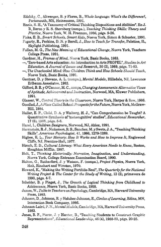 Edelsky, C., Altwerger, B. y Flores, B., Whole language: Whai’s the Difference?,
Portsmouth, NH, Heinemann, 1991.
Ennis, R. H., “A Taxonomy of Critieal Thinking Dispositions andAbilities”. En J.
B, Barón y R. S. Stemberg (comps.), Teaching Thinking Skills: Theory and
Practice, Nueva York, W. H. Freeman, 1986, págs. 9-26.
FiskeyE. B., Smart Schools, Smart Kids, Nueva York, Simón & Schuster, 1991.
Fogarty, R., Perkins, D. N. y Barell, J., IIow to Teach for Transfer, Palatine, IL,
Skylight Publishing, 1991.
Fallan, M. G., The New M eaning o f Educational Change, Nueva York, Teachers
College Press, 1991.
Gardner, H., Frames o f M ind, Nueva York, Basic Books, 1983.
— , “Zero-based Arts education: An Introductíon to Arts PROPEL”, Studies in A rt
Education, A Journal oflssu es and Research, 30 (2), 1989, págs. 71-83.
— , The Unschooled M ind: How Children Think and How Schools Should Teach,
Nueva York, Basic Books, 1991.
Gentner, D. y Stevens, A. L. (comps.), M ental Models, Hillsdale, NJ, Lawrence
Erlbaum Associates, 1983.
Gifford, B. R. y O’Connor, M .C., comps,ChangingAssessments: Alternativo Views
ofAptitude, Achievement and Instruction, Norwood, MA, Kluwer Publishers,
1991.
Glasser, W ., Control Theory in the Classroom, Nueva York, Harper & Row, 1986.
Gooáleid, J.,A PlaceC alled School: Prospecte fortheFuture,Niev&York,M.cGreM-
Hill, 1984.
Haller, E. P., Chíld, D. Á. y Walberg, H. J., “Can Comprehension be Taught? A
Quantitative Synthesis of ‘metacognitive’ studies”, Educational Researcher,
17 (5), 1988, págs. 5-8.
Harel, I., Children Designers, Norwood, NJ, Ablex, 1991.
Herrnstein, R. J., Nickerson, R. S., Sánchez, M.ySwets, J.A., “TeachingThinking
Skills”, American Psychologist, 41, 1986,1279-1289.
Higbee, K. L., Your M em ory: H ow It Works and How to Im prooe lt, Englewood
Cliffs, NJ, Prentice-Hall, 1977.
Kirsch, E. D., Cultural Literacy: What Every Am erican Needs to Know, Boston,
Houghton MifHin, 1987.
Holt, T., Thinking Historically: Narrative, Imagination, and Vnderstanding,
Nueva York, College Entrance Examination Board, 1990.
Holton, G., Rutherford, J. y Watson, F. (comps.), Project Phystcs, Nueva York,
Holt, Rinehart and Winston, 1970.
Howard, K., “Making the Writing Portfolio Real”, The Quarterly for the National
Writing Project & The Center for the Study o f Writing, 12 (2), primavera de
1990, págs. 4-7.
Inhelder, B. y Piaget, J., The Growth o f Logical Thinking from Childhood to
Adolescence, Nueva York, Basic Books, 1958.
James, Vi., Talks to Teachers on Psychology, Cambridge, MA, HarvardUniversity
Press, 1983.
Johnson, D., Johnson, R. y Holubec-Johnson, E., Circles ofLearning, Edina, MN,
Interaction Book Company, 1986.
Johnson-Laird, P. N., M ental M odels, Cambridge, MA, Harvard University Press,
1983.
Jones, B. F., Pierce, ,1. y Hunter, B., “Teaching Students to Construct Graphic
Representatioiis”, Educational Leadership, 46 (4), 1988-89, págs. 20-25.
 