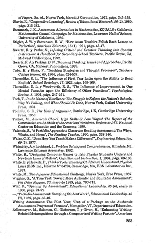 ofP apers, 3a. ed., Nueva York, Meredith Corporation, 1972, págs. 345-355.
Slavin, R., “Cooperativo Learning”, Review o fEducational Research, SO (2), 1980,
págs. 315-342.
Stenmark, J. K Assessment Alternatives in M athematics, EQUALS y California
Mathematics Councii Campaign for Mathematics, Lawrence Hall of Science,
University of California, 1989.
Stigler, J. W. y Stevenson, H. W., “How Asian Teachirs Polish Each Lesson to
Perfection”, American Educator, 15 (1), 1991, págs. 43-47.
Swartz, R. y Parks, S., Infusing Critical and Creative Thinking into Contení
Instruclion: A Handbook for Secondary School Teaehers, Pacific Grove, CA,
Midwest Publications, 1992.
Swartz, R. J. y Perkins, D. N., Teaching Thinking:Issues and Approaches, Pacific
Grove, CA, Midwest Publications, 1989.
Taba, H. y Elzey, F., “Teaching Strategies and Thought Processes”, Teaehers
College Record, 6 5 ,1964, págs. 524-534.
Thomdike, E. L., “The Influence of First Year Latin upon the Ability to Read
English", School Sociology, 1 7 ,1923, págs. 165-168.
Thomdike, E. L. y Woodworth, R. S., “The Influence of Improvement in One
Mental Furtction upon the Efficiency of Other Functions”, Psychological
Review, 8 , 1901, págs. 247-261.
Toch, T., In the Ñam e o f Excellence: The Struggle to Reform the Nation’s Schools,
Why li ’s Faíling, and What Should Be Done, Nueva York, Oxford University
Press, 1991.
Toulmin, S. E., The Uses o f Argum ent, Cambridge, UK, Cambridge University
Press, 1958.
Tucker, M., Am erica’s Choice: H igh Skills or Low Wages! The R eport o f the
Commission on the Skills o f the Am erican W orkforce, Rochester.NY, National
Center on Education and the Economy, 1990.
Valencia, S., “A PortfolioApproach to Classroom ReadingAssessment: The Whys,
Whats, and Hows”, The Reading Teacher, 1990, págs. 338-340.
Wales, C. E., “Does How You Teach Make a Difference?”, Engineering Education,
69 (5), 1977.
Whimbley,A. y Lochhead, i ., Problem Solving and Comprehension, Hillsdale, NJ,
Lawrence Erlbaum Associates, 1982.
White, B., “Designing Computer Games to Help Physics Students Understand
Newton’s Laws of Motion”, Cognition and Instruction, 1 , 1984, págs. 69-108.
White, B. y Horwitz, P., ThinkerTools:Enabling Children to U nderstandPhysical
Laws (BBN Inc., Informe Ns 6470), Cambridge, MA, BBN Laboratories Inc.,
1987.
White, M., The Japanese Educational Challenge, Nueva York, Free Press, 1987.
Wiggins, G., “A True Test: Toward More Authentic and Equitable Assessment”,
Phi Delta Kappan, 70, mayo de 1989, págs. 703-713.
Wolf, D., “Opening Up Assessment”, Educational Leadership, 45 (4), enero de
1988, págs. 24-29.
— , “Portfolio Assessment: Sampling Student Work”, Educational Leadership, 46
(7), 1989, págs. 35-40.
Writing Assessment: The Pilot Year, “Parí of a Package on the Authentic
Assessment Program ofVermont”, Montpelier, VT, Department ofEducation.
Zellermayer, M., Salomón, G., Globerson, T. y Givon, H., “Enhancing Writing-
Related Metacognitions through a Computerized W riting Partner”,Am erican
 