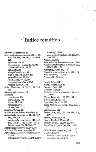 *¡Indice temático.
Actividades creativas, 83
Actividades de comprensión, 82-4,100,
154,166,186,190,210,213,217-8,
225
aplicación, 82, 99
comparación y contraste, 83, 99
contextualización, 83, 99
definición, 82
ejemplificarión, 82, 99
explicación, 82, 90, 99, 190
generalización, 82, 99
justificación, 77, 90, 99
imágenes mentales y, 85-8
función de las, 81, 82
Adler, Mortimer, 19, 23, 61, 63, 215,
226
Alemania Occidental, 47
Alumnos
conscientes, 104
estratégicos, 104
lentos, 27,116
reflexivos, 104
tácitos, 104
Amabile, Teresa, 72
A Place Called School (Goodlad), 42
Aprendizaje cooperativo, 25, 52, 157,
189, 206,226
inteligencia repartida y, 140, 141,
142,145,147,149-50,186,190-1
Teoría Uno y, 70, 71, 75-6, 77
Aprendizaje reflexivo, 17, 20-1,27
A Prívate U niverseípelícula), 35
Aptitudes para resojver problemas, 89,
91,99
inteligencia repartida y, 142-3,153
diarios y, 137-8
enelmetacurrfculum, 103,106,107,
109,129
Aristóteles, 225
Asia, métodos de enseñanza en, 221-4
Assesm entAltem atives in Mathematics
(Hall), 175,178
Astington, Janet., 43,110
Atención, supervisión de la, 121,129
Aula reflexiva, 115, 129
Autoedición, 139-40
Barell, John, Í37
Barth, Roland, 219-20
Bennett, Petar, 191
Bereiter, Cari, 39
B iología, en los jardines de la victoria,
189-90 ' ' '
Bloom, Benjamín, 122,187,197
Boyer, Ernest, 42, 105
Bransford, John, 33, 128
Breve historia del tiempo (Hawking),
97
Broaer, Lois, 122
Brown, Ann, 127, 140, 189, 190, 206,
207
Brown, John Seely, 74
Brown, Rexford, 20, 40, 45
Bruner, Jerome, 23, 30, 69,193
B uen P astor, teoría del, 1 2 4 ,128-7
.¡i
C alculadoras m an u ales, 139 111
C am bio, 203-27 .
liste d f control p ara el, 229-33
continuación de!, 216
 
