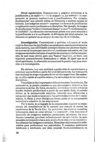 Nivel epistém ico. Conocimiento y práctica referentes a la
justificación y.la.explicación en la asignatura.,La actividad de com­
prensión es generar explicaciones y justificaciones. Por ejemplo,
fundamentar una opinión crítica en literatura o explicar causas en
historia. Las imágenes mentales expresan las formas dejustificación
y explicación correspondientes a la disciplina. Por ejemplo, la imagen
de prueba como “evidencia bastante buena” y como “lo verdaderamen­
te confiable”. La educación convencional presta muy poca atención a
la justificación y a la explicación. A diferencia del nivel anterior, los
alumnos en general no se ocupan de este tipo de actividades.
Investigación. Conocimiento y práctica referentes al modo
comp.se discuten los resultados y se construyen nuevos conocimientos
en.la-materia.Las actividádés correspondientes son plantear hipóte­
sis nuevas (al menos para uno mismo), cuestionar supuestos, etc. Las
imágenes mentales incluyen el espíritu de aventura y cierta compren­
sión de qué cosas sirven para una “buena” hipótesis, es decir, una
hipótesis potencialmente iluminadora y válida. Al igual que en el
nivel epistémico, la educación convencional le presta muy poca aten­
ción a la investigación.
En síntesis, hay una cantidad considerable de conocimientos y
prácticas que no forman parte del nivel del contenido. La instrucción
convencional se ocupa muy poco de los niveles superiores. Sin embar­
go, en ellos reside el espíritu mismo y la estructura de las materias y
disciplinas.
Y también se dan importantes diferencias entre las materias. En
matemática, la prueba consiste en una demostración deductiva. Los
ejemplos no sirven. En física, en cambio, ocurre lo contrario: si bien se
pueden deducir predicciones a partir de una teoría dada, el criterio
último es la contrastación empírica. Advertir esas diferencias y
extrapolar sus implicaciones para las actividades dentro de la mate­
mática, la física u otras disciplinas forma parte de la comprensión
individual o colectiva de las asignaturas.
Por lo tanto, la pedagogía de la comprensión requiere un trata­
miento del conocimiento de la materia que cumpla al menos las
condiciones de la Teoría Uno. En particular, los alumnos necesitan
información clara en estos niveles. La instrucción debe fomentar el
desarrollo de imágenes mentales pertinentes. Asimismo, los estu­
diantes necesiten practicar reflexivamente las actividades de com­
prensión correspondientes a cada nivel a fin de mejorar su rendimien­
to y afianzar las imágenes mentales. Necesiten realimentación infor­
mativa para perfeccionar sus actividades. Y necesitan motivación
intrínseca y extrínseca, que debe consistir fundamentalmente en
 