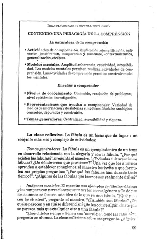 Ideas claves para la escuela inteligente
CONTENIDO: UNA PEDAGOGÍA DE LA COMPRENSIÓN
La naturaleza d e l a comprensión
• Actividades.'de comprensión. Explicación, ejem plificad'5a, apli­
cación, justificación, comparación y contraste, eontextuaiización,
generalización, etcétera. j
• M od elos mentales. Amplitud, coherencia, creatividad, accesibili­
dad. Los modelos mentales permiten realizar actividades de com­
prensión. Las actividades decomprensiónpermitenconstruir mode­
los mentales.
Enseñar a comprender
• Niveles d e con ocim ien to, Contenido, resolución de problemas,
nivel epistémico, investigación.
• Representaciones que ayudan a comprender. Variedad de
medios de información y de sistemas simbólicos. Modelos analógicos
concretos, depurados y construidos.
• Temas g en era d ores. Centralidad, accesibilidad y riqueza.*•
La clase reflexiva. La fábula es un locas que da lugar a un
conjunto más rico y complejo de actividades:
Temasgeneradores. La fábula es un ejemplo dentro de un tema
en desarrollo relacionado con la alegoría y con la fábula. “¿Por qué
existen las fábulas?”,pregunta el maestro. “¿Todas las culturas tienen
fábulas? ¿De dónde creen que provienen?” Una vez que los alumnos
aprenden a establecer conexiones, el maestro los invita a que formu­
len sus propias preguntas: “¿Por qué las fábulas han durado tanto
tiempo?”. “¿Algunas de las fábulas que leemos son realmente útiles?”
• Imágenes mentales. El maestro usa ejemplos de fábulas clásicas
y los compara con narraciones que no pertenecen al género a fin de que
los alumnos se formen una idea do lo que es una fábula, “¿Qué p : u
con ios chistes?”, pregunta el maestro, “¿También son fér-bn? ¿E-
qué se parecen yen qué sediferencian? ¿Seles ocurre algú: LA pi.
se parezca más que cualquier otro a una fábula?” 1
“¿Los chistes siempre tienen una ‘moraleja’, como las fábulas?”,
pregunta un alumno. La clase reflexiona sobre esa pregunta. ¿_AQv.íct; '
 