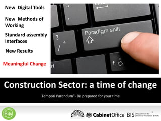 New Digital Tools
New Methods of
Working
Standard assembly
Interfaces
New Results
Meaningful Change

Construction Sector: a time of change
"Tempori Parendum"- Be prepared for your time

2

 