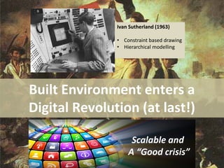 Ivan Sutherland (1963)
• Constraint based drawing
• Hierarchical modelling

Built Environment enters a
Digital Revolution (at last!)
Scalable and
A “Good crisis”

 