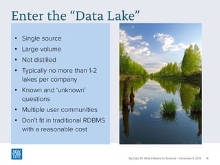 Enter the “Data Lake”
• Single source
• Large volume
• Not distilled
• Typically no more than 1-2
lakes per company
• Known and ‘unknown’
questions
• Multiple user communities
• Don’t fit in traditional RDBMS
with a reasonable cost

Big Data 101: What It Means for Business | December 4, 2013

16

 