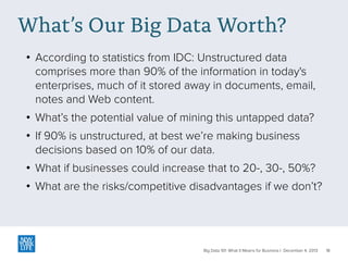 What’s Our Big Data Worth?
• According to statistics from IDC: Unstructured data
comprises more than 90% of the information in today's
enterprises, much of it stored away in documents, email,
notes and Web content.
• What’s the potential value of mining this untapped data?
• If 90% is unstructured, at best we’re making business
decisions based on 10% of our data.
• What if businesses could increase that to 20-, 30-, 50%?
• What are the risks/competitive disadvantages if we don’t?

Big Data 101: What It Means for Business | December 4, 2013

18

 