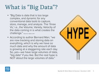What is “Big Data”?
• “Big Data is data that is too large
complex, and dynamic for any
conventional data tools to capture,
store, manage, and analyze. The ‘three
Vs,’ i.e., the Volume, Variety, Velocity of
the data coming in is what creates the
challenge.” Source: wipro.com
• According to author Bernard Marr, “we
are now tracking and storing data on
everything, which is why we have so
much data and why the amount of data
is growing at a staggering rate each day.
So, yes—we have large volumes of data,
“big data” if you like. But the real hype is
NOT about the large volumes of data.”

Big Data 101: What It Means for Business | December 4, 2013

4

 