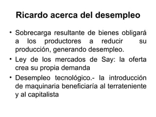 Ricardo acerca del desempleo Sobrecarga resultante de bienes obligará a los productores a reducir  su producción, generando desempleo. Ley de los mercados de Say: la oferta crea su propia demanda Desempleo tecnológico.- la introducción de maquinaria beneficiaría al terrateniente y al capitalista 