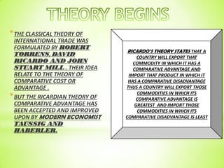 *THE CLASSICAL THEORY OF
INTERNATIONAL TRADE WAS
FORMULATED BY ROBERT
TORRENS, DAVID
RICARDO AND JOHN
STUART MILL . THEIR IDEA
RELATE TO THE THEORY OF
COMPARATIVE COST OR
ADVANTAGE .
*BUT THE RICARDIAN THEORY OF
COMPARATIVE ADVANTAGE HAS
BEEN ACCEPTED AND IMPROVED
UPON BY MODERN ECONOMIST
TAUSSIG AND
HABERLER.
RICARDO’S THEORY STATES THAT A
COUNTRY WILL EXPORT THAT
COMMODITY IN WHICH IT HAS A
COMPARATIVE ADVANTAGE AND
IMPORT THAT PRODUCT IN WHICH IT
HAS A COMPARATIVE DISADVANTAGE
THUS A COUNTRY WILL EXPORT THOSE
COMMODITIES IN WHICH ITS
COMPARATIVE ADVANTAGE IS
GREATEST AND IMPORT THOSE
COMMODITIES IN WHICH ITS
COMPARATIVE DISADVANTAGE IS LEAST
 