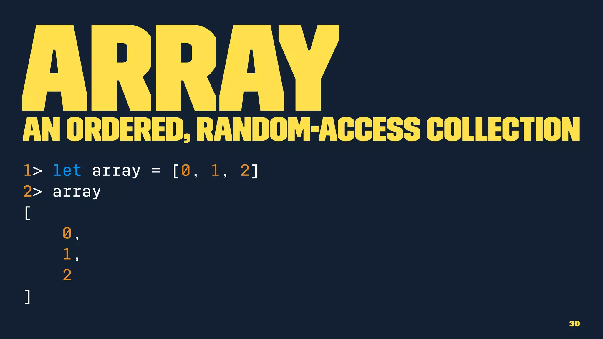 ArrayAn ordered, random-access collection
1> let array = [0, 1, 2]
2> array
[
0,
1,
2
]
30
 