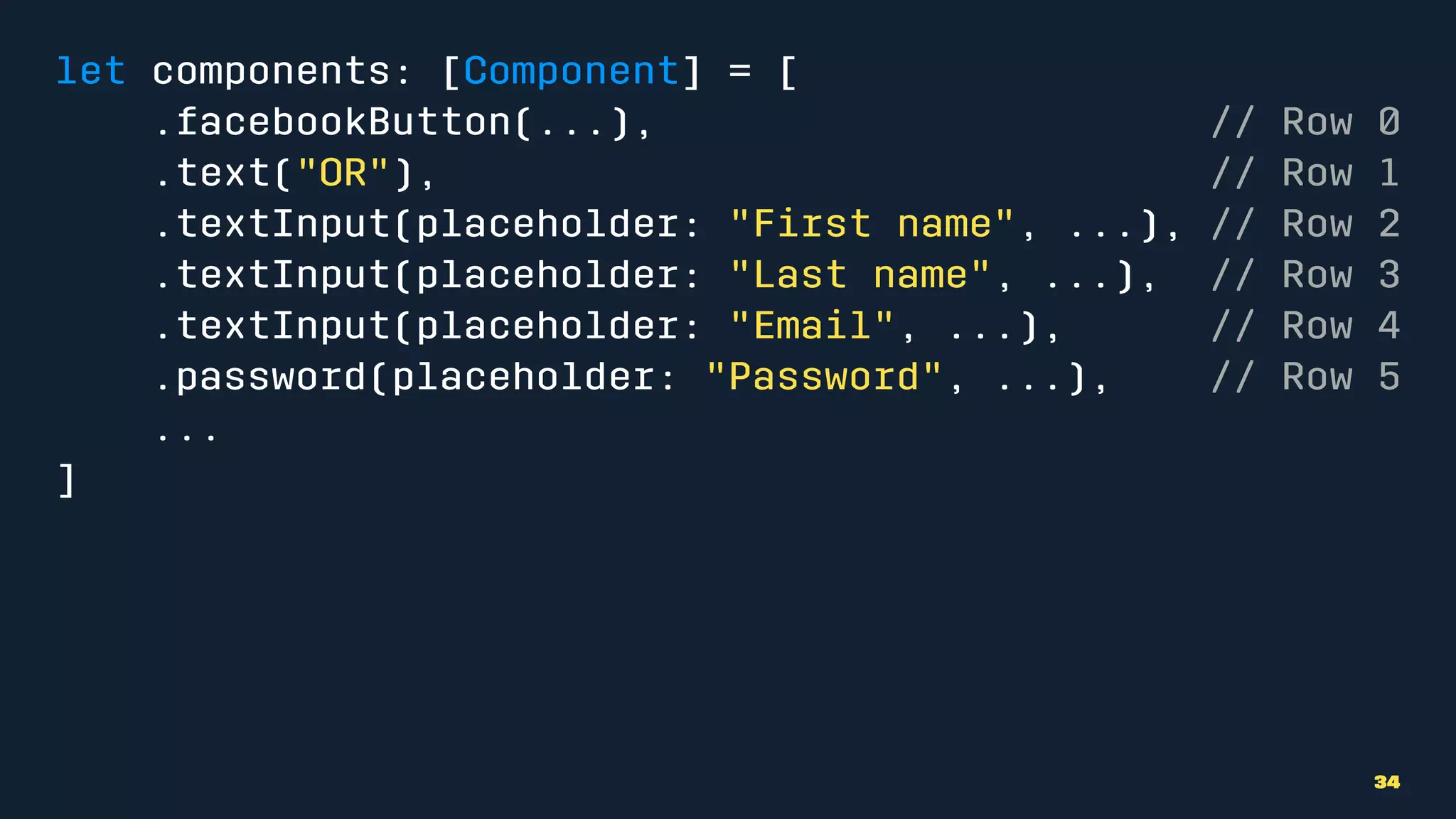 let components: [Component] = [
.facebookButton(...), // Row 0
.text("OR"), // Row 1
.textInput(placeholder: "First name", ...), // Row 2
.textInput(placeholder: "Last name", ...), // Row 3
.textInput(placeholder: "Email", ...), // Row 4
.password(placeholder: "Password", ...), // Row 5
...
]
34
 