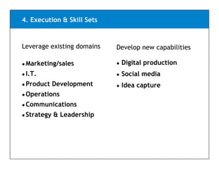4. Execution & Skill Sets


Leverage existing domains   Develop new capabilities

● Marketing/sales           ●   Digital production
●I T
 I.T.                       ●   Social media
● Product    Development    ●   Idea capture
● Operations

● Communications

● Strategy   & Leadership
 