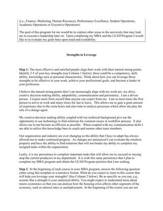 (i.e., Finance, Marketing, Human Resources, Performance Excellence, Student Operations,
Academic Operations or Executive Operations)

The goal of this program for me would be to explore other areas in the university that may lead
me to executive leadership later on. Upon completing my MBA and the LEAD Program I would
like to re evaluate my goals base upon need and availability.



                                      Strengths to Leverage



Step 1: The most effective and satisfied people align their work with their natural strong points.
Identify 3-5 of your key strengths (see Column 1 below); these could be a competency, skill,
ability, knowledge area or personal characteristic. Think about how you can leverage those
strengths to be effective in your work, achieve your professional goals, and become a leader in
your profession.

I believe the natural strong points that I can increasingly align with my work are, my drive,
creative decision making ability, adaptability, communication and persistence. I am a driven
person. I expect more from myself than anyone can expect from me. I am at most times the first
person to arrive at work and many times the last to leave. This allows me to gain a great amount
of experience due to the extra hours and also time to analyze processes which allow me play the
role of a change agent.

My creative decision making ability coupled with my technical background give me the
opportunity to use technology to find solutions for common issues in workflow process. It also
allows me to me become as efficient as possible. When coupled with my communication skills I
am able to utilize this knowledge base to coach and mentor other team members.

Our organization and industry are ever changing so the ability that I have to adapt has always
allowed me to make continued progress. As changes are announced I can evaluate the situation
properly and have the ability to find solutions that will not hinder my ability to complete my
assigned tasks within the organization.

Lastly, it is my persistence to complete important tasks that will allow me to succeed in staying
atop the current producers in my department. It is with this same persistence that I plan to
complete my MBA program and obtain the LEAD Program position that I am seeking.

Step 2: At the beginning of each course in your MBA program, answer the following question
either using this template or a narrative format. What do you expect to learn in this course that
will help you leverage your strengths? (See Column 2 below). Be as specific as you can, e.g.,
assume that a strength is your analytical ability. You might expect to understand more about
macro economics so that you can analyze how the housing crisis affects other segments of the
economy, such as interest rates or unemployment. At the beginning of the course you are not
 