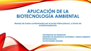 APLICACIÓN DE LA
BIOTECNOLOGÍA AMBIENTAL
Manejo de Suelos contaminados por el sector hidrocarburos, a través de
la biorremediación
UNIVERSIDAD DE MANIZALES
MAESTRÍA EN DESARROLLO SOSTENIBLE Y MEDIO AMBIENTE
BIOTECNOLOGÍA
DAVID ROSERO HIGUERA
 