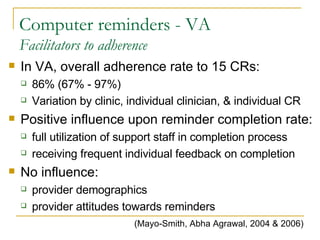 Computer reminders - VA Facilitators to adherence In VA, overall adherence rate to 15 CRs: 86% (67% - 97%) Variation by clinic, individual clinician, & individual CR Positive influence upon reminder completion rate: full utilization of support staff in completion process receiving frequent individual feedback on completion No influence: provider demographics provider attitudes towards reminders (Mayo-Smith, Abha Agrawal, 2004 & 2006) 