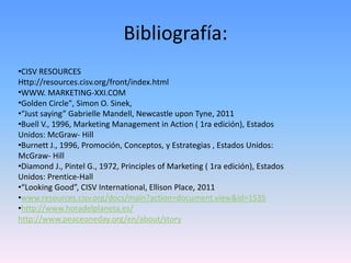 Bibliografía:
•CISV RESOURCES
Http://resources.cisv.org/front/index.html
•WWW. MARKETING-XXI.COM
•Golden Circle", Simon O. Sinek,
•“Just saying” Gabrielle Mandell, Newcastle upon Tyne, 2011
•Buell V., 1996, Marketing Management in Action ( 1ra edición), Estados
Unidos: McGraw- Hill
•Burnett J., 1996, Promoción, Conceptos, y Estrategias , Estados Unidos:
McGraw- Hill
•Diamond J., Pintel G., 1972, Principles of Marketing ( 1ra edición), Estados
Unidos: Prentice-Hall
•“Looking Good”, CISV International, Ellison Place, 2011
•www.resources.cisv.org/docs/main?action=document.view&id=1535
•http://www.horadelplaneta.es/
http://www.peaceoneday.org/en/about/story
 