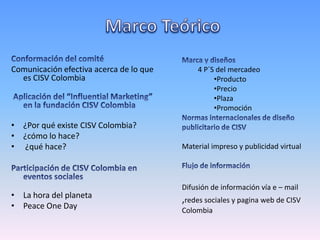 Comunicación efectiva acerca de lo que       4 P´S del mercadeo
  es CISV Colombia                                •Producto
                                                  •Precio
                                                  •Plaza
                                                  •Promoción

• ¿Por qué existe CISV Colombia?
• ¿cómo lo hace?
• ¿qué hace?                             Material impreso y publicidad virtual




                                         Difusión de información vía e – mail
• La hora del planeta
                                         ,redes sociales y pagina web de CISV
• Peace One Day                          Colombia
 