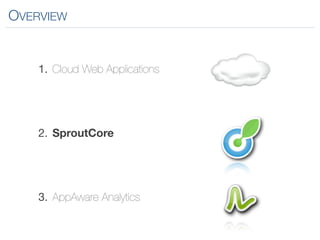 OVERVIEW


    1. Cloud Web Applications




    2. SproutCore




    3. AppAware Analytics
 