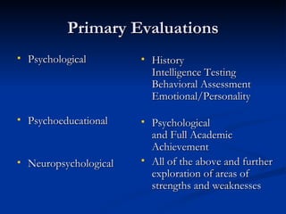 Primary Evaluations Psychological Psychoeducational Neuropsychological History Intelligence Testing Behavioral Assessment Emotional/Personality Psychological and Full Academic Achievement All of the above and further exploration of areas of strengths and weaknesses 