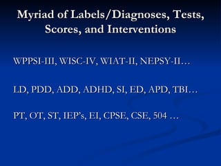 Myriad of Labels/Diagnoses, Tests, Scores, and Interventions WPPSI-III, WISC-IV, WIAT-II, NEPSY-II… LD, PDD, ADD, ADHD, SI, ED, APD, TBI… PT, OT, ST, IEP’s, EI, CPSE, CSE, 504 … 