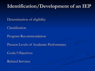 Identification/Development of an IEP Determination of eligibility Classification Program Recommendation Present Levels of Academic Performance Goals/Objectives Related Services 