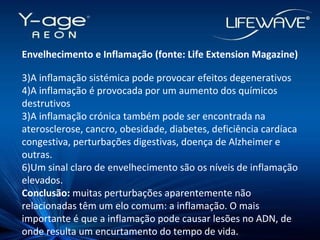 Envelhecimento e Inflamação (fonte: Life Extension Magazine)‏ A inflamação sistémica pode provocar efeitos degenerativos A inflamação é provocada por um aumento dos químicos destrutivos  3)A inflamação crónica também pode ser encontrada na aterosclerose, cancro, obesidade, diabetes, deficiência cardíaca congestiva, perturbações digestivas, doença de Alzheimer e outras. Um sinal claro de envelhecimento são os níveis de inflamação elevados. Conclusão:  muitas perturbações aparentemente não relacionadas têm um elo comum: a inflamação. O mais importante é que a inflamação pode causar lesões no ADN, de onde resulta um encurtamento do tempo de vida. 