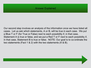 Our second step involves an analysis of the information once we have listed all
cases. Let us ask which statements, A or B, will be true in each case. We put
a Blue T or F (for True or False) next to each possibility if, in that case,
Statement A is true or false, and we put a Red T or F next to each possibility if,
in that case, Statement B is true or false. NOTE: Our goal is to co-ordinate the
two statements (Fact 1 & 2) with the two statements (A & B).
Answer Explained
 