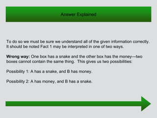 Answer Explained
To do so we must be sure we understand all of the given information correctly.
It should be noted Fact 1 may be interpreted in one of two ways.
Wrong way: One box has a snake and the other box has the money—two
boxes cannot contain the same thing. This gives us two possibilities:
Possibility 1: A has a snake, and B has money.
Possibility 2: A has money, and B has a snake.
 