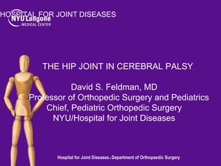 HOSPITAL FOR JOINT DISEASES

THE HIP JOINT IN CEREBRAL PALSY
David S. Feldman, MD
Professor of Orthopedic Surgery and Pediatrics
Chief, Pediatric Orthopedic Surgery
NYU/Hospital for Joint Diseases

Hospital for Joint Diseases ● Department of Orthopaedic Surgery

 