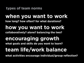 when you want to work
how long? how often? for what durations?
how you want to work
collaboratively? alone? balancing the two?
encouraging growth
what goals and skills do you want to learn?
team life/work balance
what activities encourage individual/group reflection?
types of team norms
 