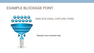 EXAMPLE BLOCKAGE POINT
WEB SITE EMAIL CAPTURE FORM
Typically a low conversion step
 