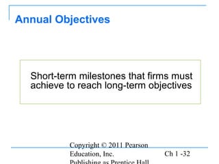 Copyright © 2011 Pearson
Education, Inc. Ch 1 -32
Short-term milestones that firms must
achieve to reach long-term objectives
Annual Objectives
 