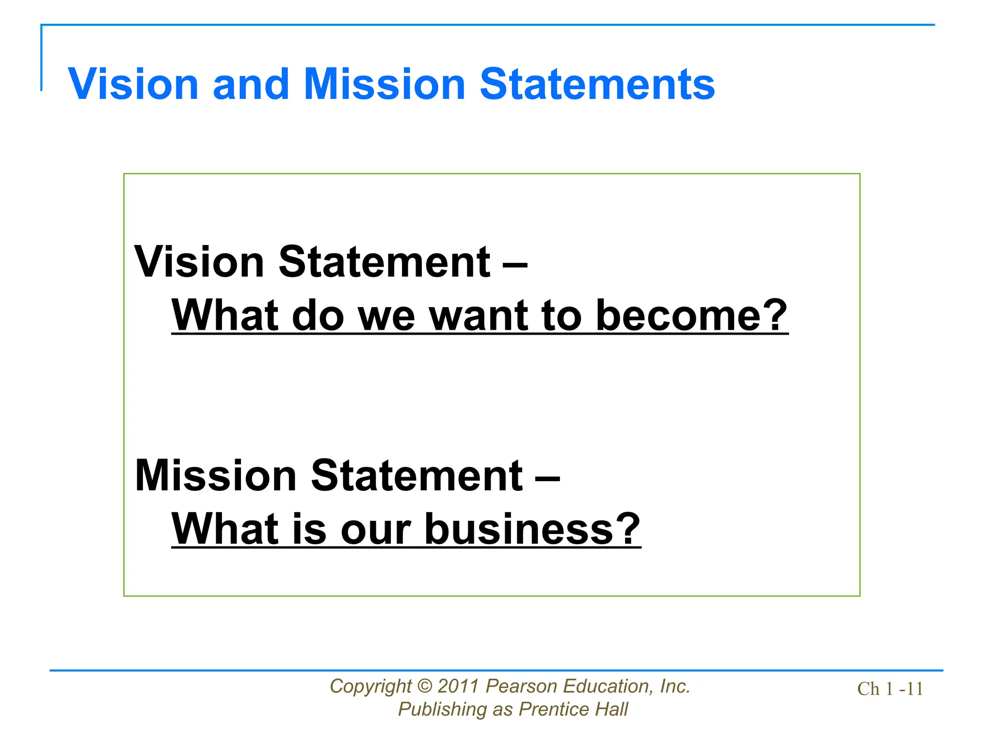 Copyright © 2011 Pearson Education, Inc.
Publishing as Prentice Hall
Ch 1 -11
Vision Statement –
What do we want to become?
Mission Statement –
What is our business?
Vision and Mission Statements
 