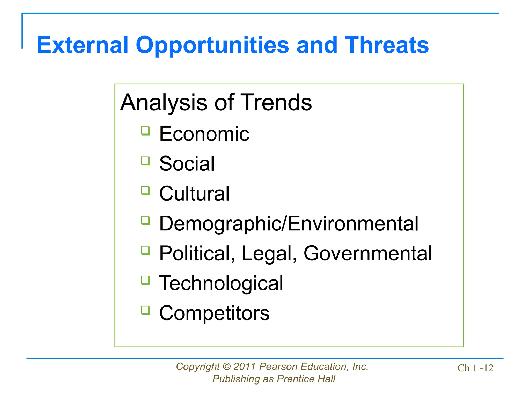 Copyright © 2011 Pearson Education, Inc.
Publishing as Prentice Hall
Ch 1 -12
External Opportunities and Threats
Analysis of Trends
 Economic
 Social
 Cultural
 Demographic/Environmental
 Political, Legal, Governmental
 Technological
 Competitors
 