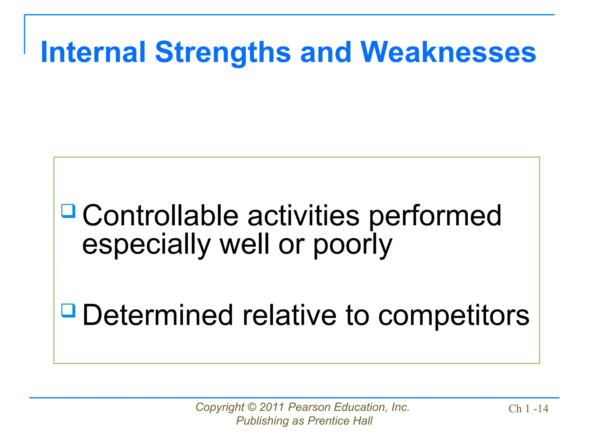 Copyright © 2011 Pearson Education, Inc.
Publishing as Prentice Hall
Ch 1 -14
 Controllable activities performed
especially well or poorly
 Determined relative to competitors
Internal Strengths and Weaknesses
 
