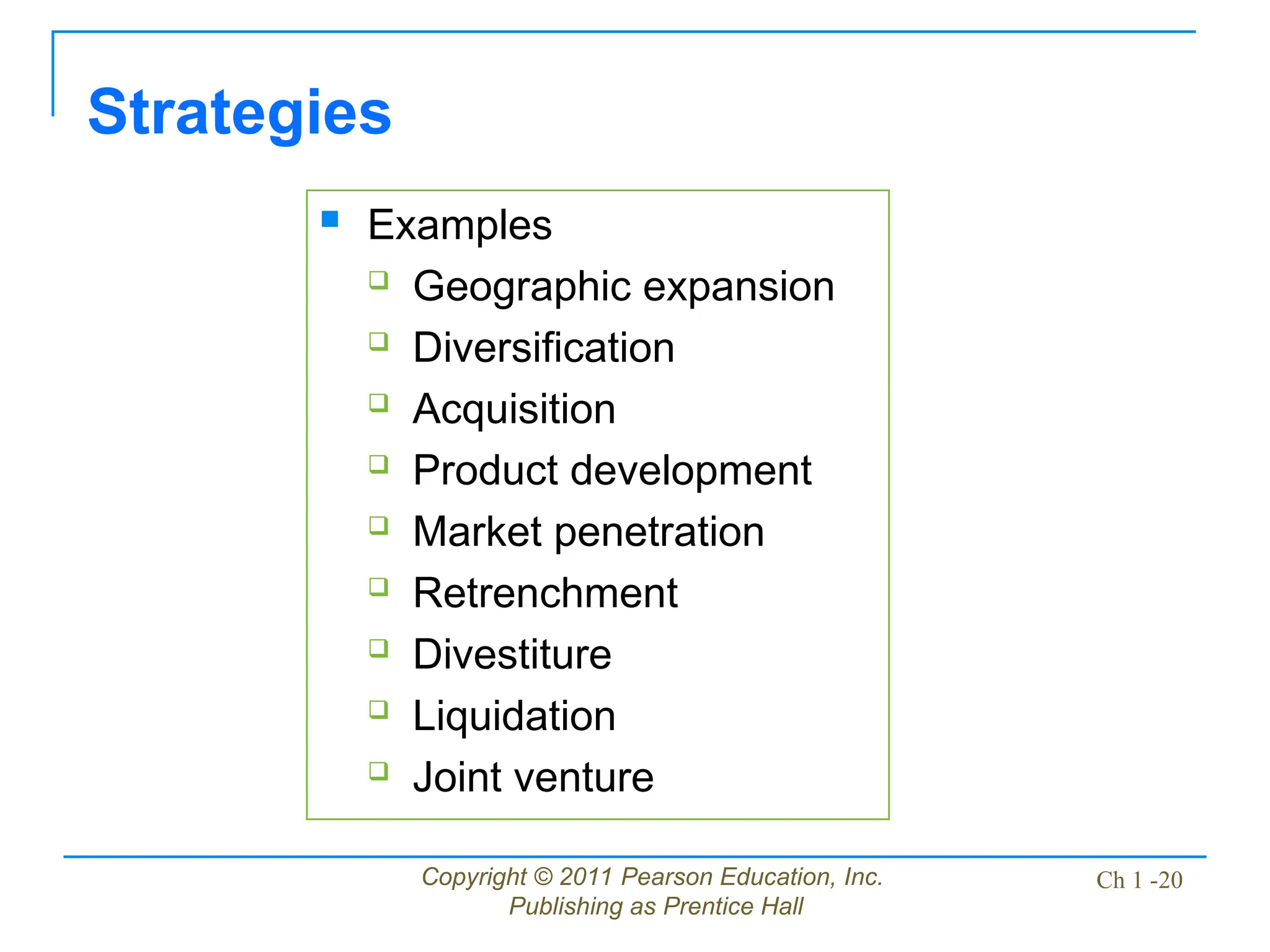 Copyright © 2011 Pearson Education, Inc.
Publishing as Prentice Hall
Ch 1 -20
Strategies
 Examples
 Geographic expansion
 Diversification
 Acquisition
 Product development
 Market penetration
 Retrenchment
 Divestiture
 Liquidation
 Joint venture
 