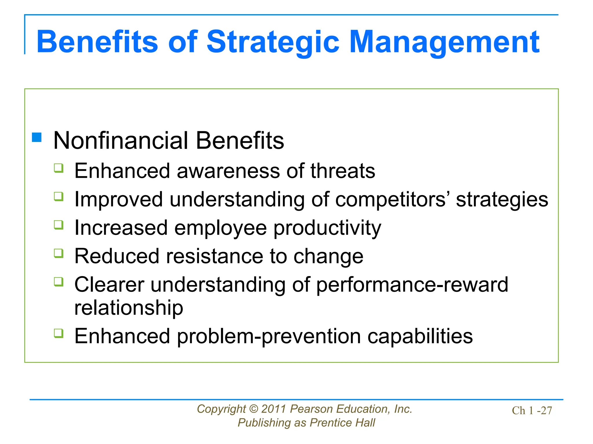 Copyright © 2011 Pearson Education, Inc.
Publishing as Prentice Hall
Ch 1 -27
Benefits of Strategic Management
 Nonfinancial Benefits
 Enhanced awareness of threats
 Improved understanding of competitors’ strategies
 Increased employee productivity
 Reduced resistance to change
 Clearer understanding of performance-reward
relationship
 Enhanced problem-prevention capabilities
 