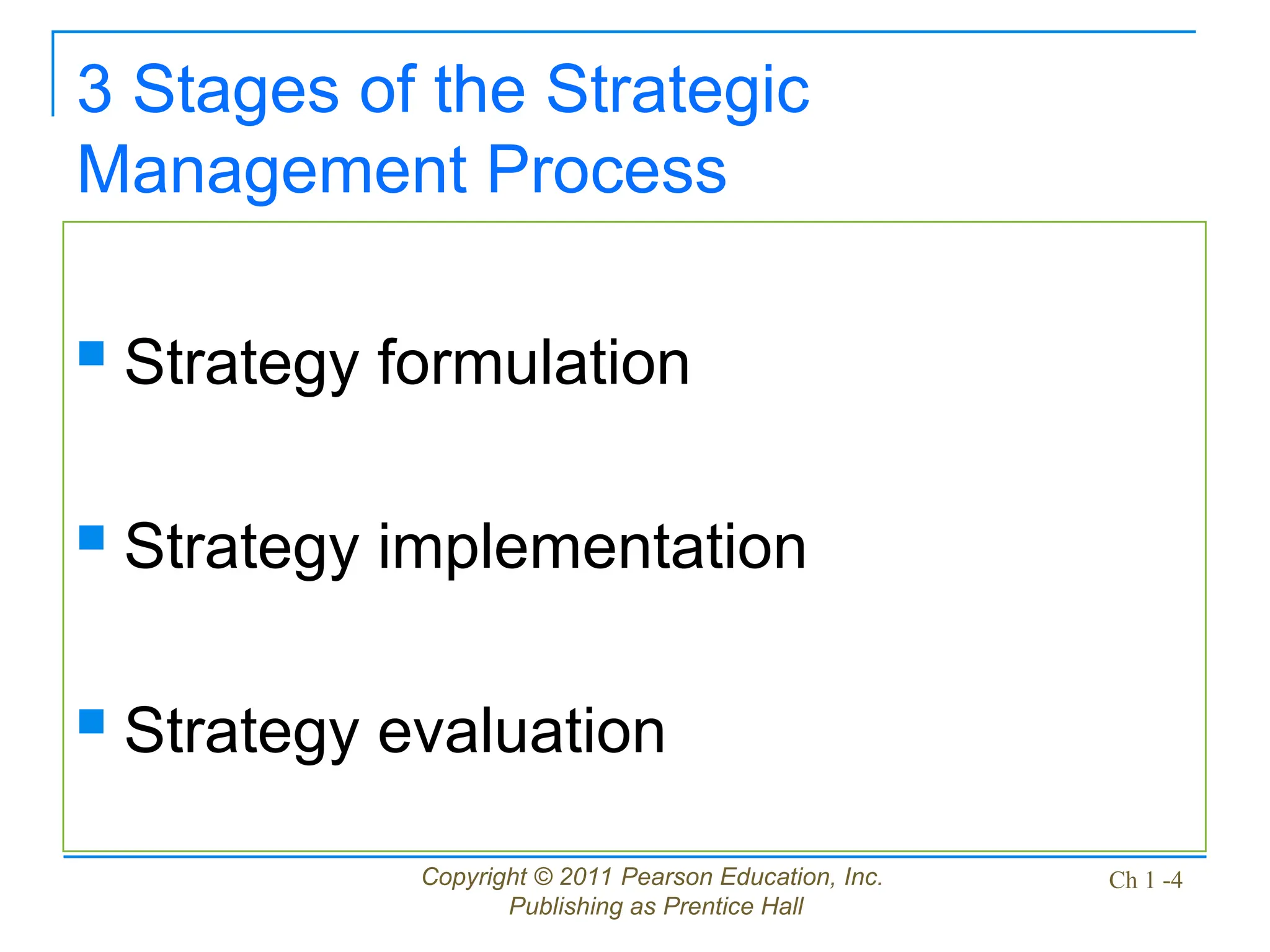 Copyright © 2011 Pearson Education, Inc.
Publishing as Prentice Hall
Ch 1 -4
3 Stages of the Strategic
Management Process
 Strategy formulation
 Strategy implementation
 Strategy evaluation
 