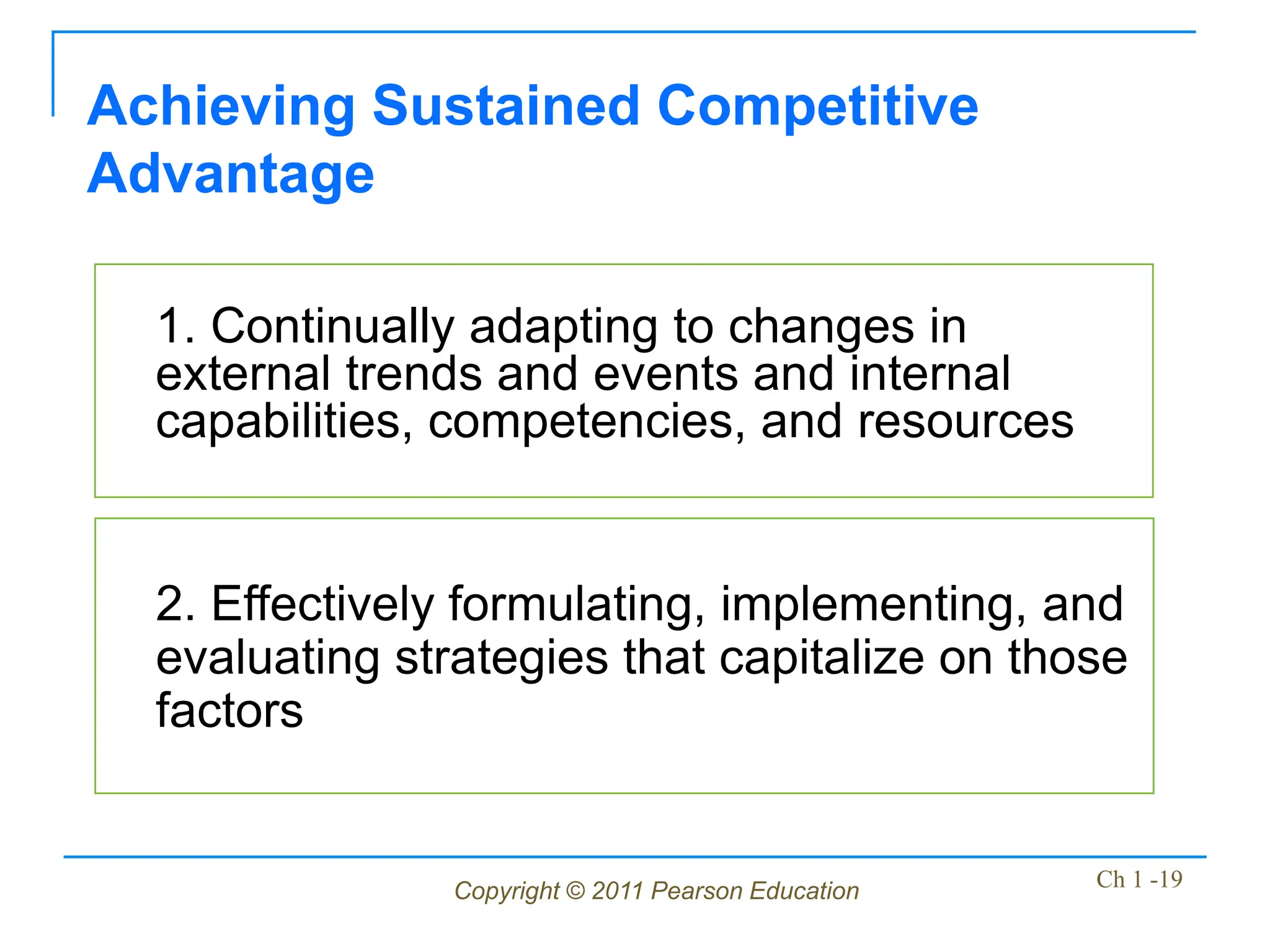 Copyright © 2011 Pearson Education Ch 1 -19
1. Continually adapting to changes in
external trends and events and internal
capabilities, competencies, and resources
Achieving Sustained Competitive
Advantage
2. Effectively formulating, implementing, and
evaluating strategies that capitalize on those
factors
 