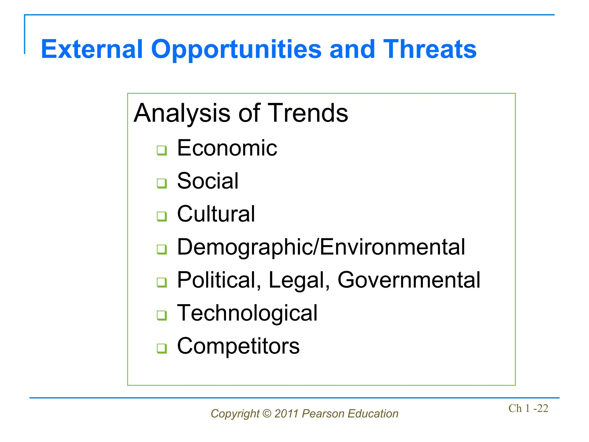 Copyright © 2011 Pearson Education Ch 1 -22
External Opportunities and Threats
Analysis of Trends
 Economic
 Social
 Cultural
 Demographic/Environmental
 Political, Legal, Governmental
 Technological
 Competitors
 