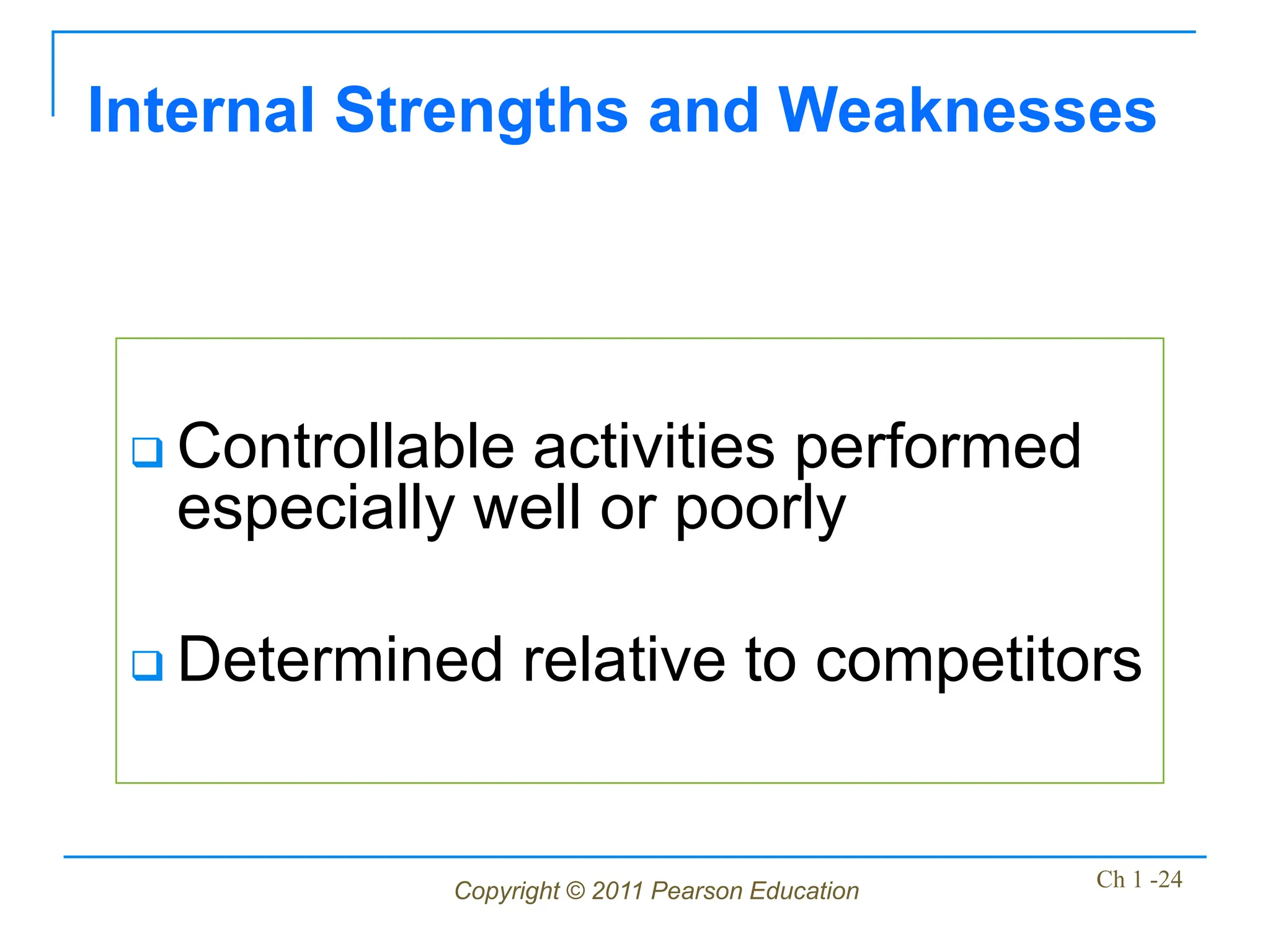 Copyright © 2011 Pearson Education Ch 1 -24
 Controllable activities performed
especially well or poorly
 Determined relative to competitors
Internal Strengths and Weaknesses
 