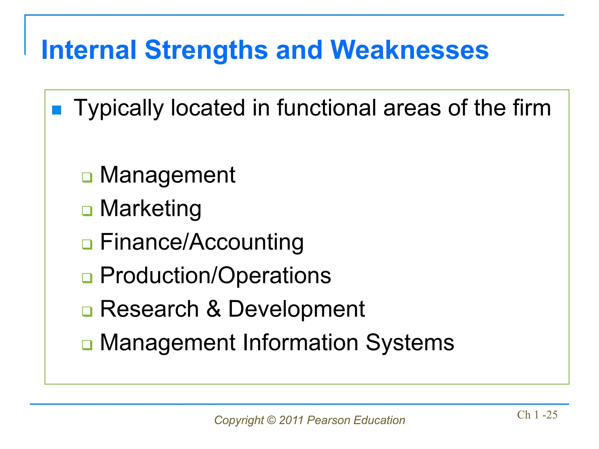Copyright © 2011 Pearson Education Ch 1 -25
 Typically located in functional areas of the firm
 Management
 Marketing
 Finance/Accounting
 Production/Operations
 Research & Development
 Management Information Systems
Internal Strengths and Weaknesses
 