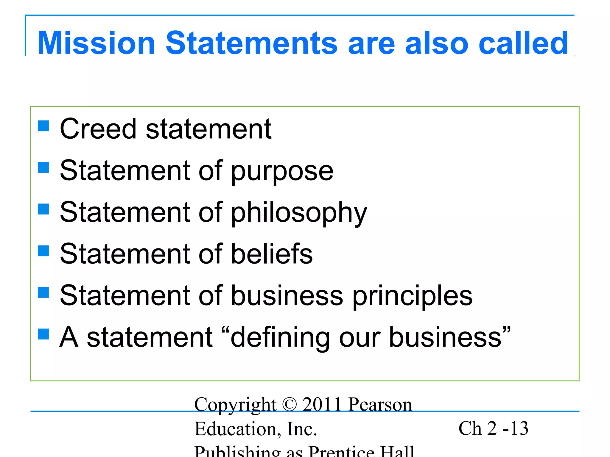 Mission Statements are also called

 Creed statement
 Statement of purpose

 Statement of philosophy

 Statement of beliefs

 Statement of business principles

 A statement “defining our business”


            Copyright © 2011 Pearson
            Education, Inc.            Ch 2 -13
 
