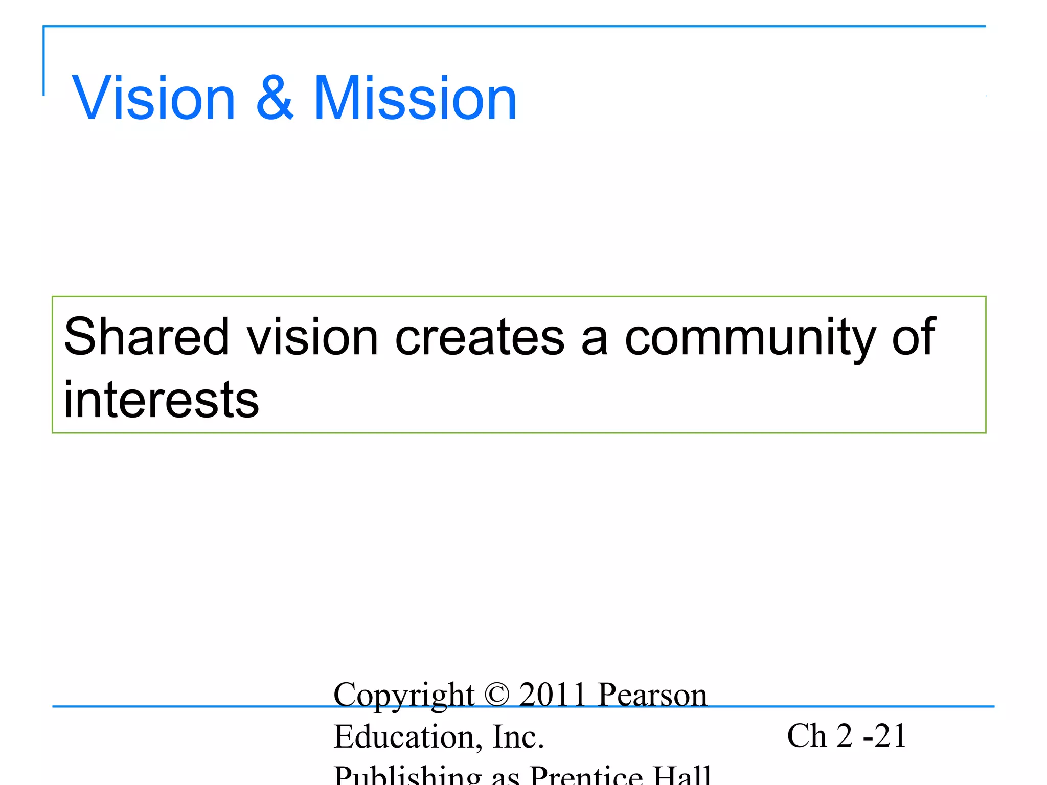 Vision & Mission


Shared vision creates a community of
interests




           Copyright © 2011 Pearson
           Education, Inc.            Ch 2 -21
 