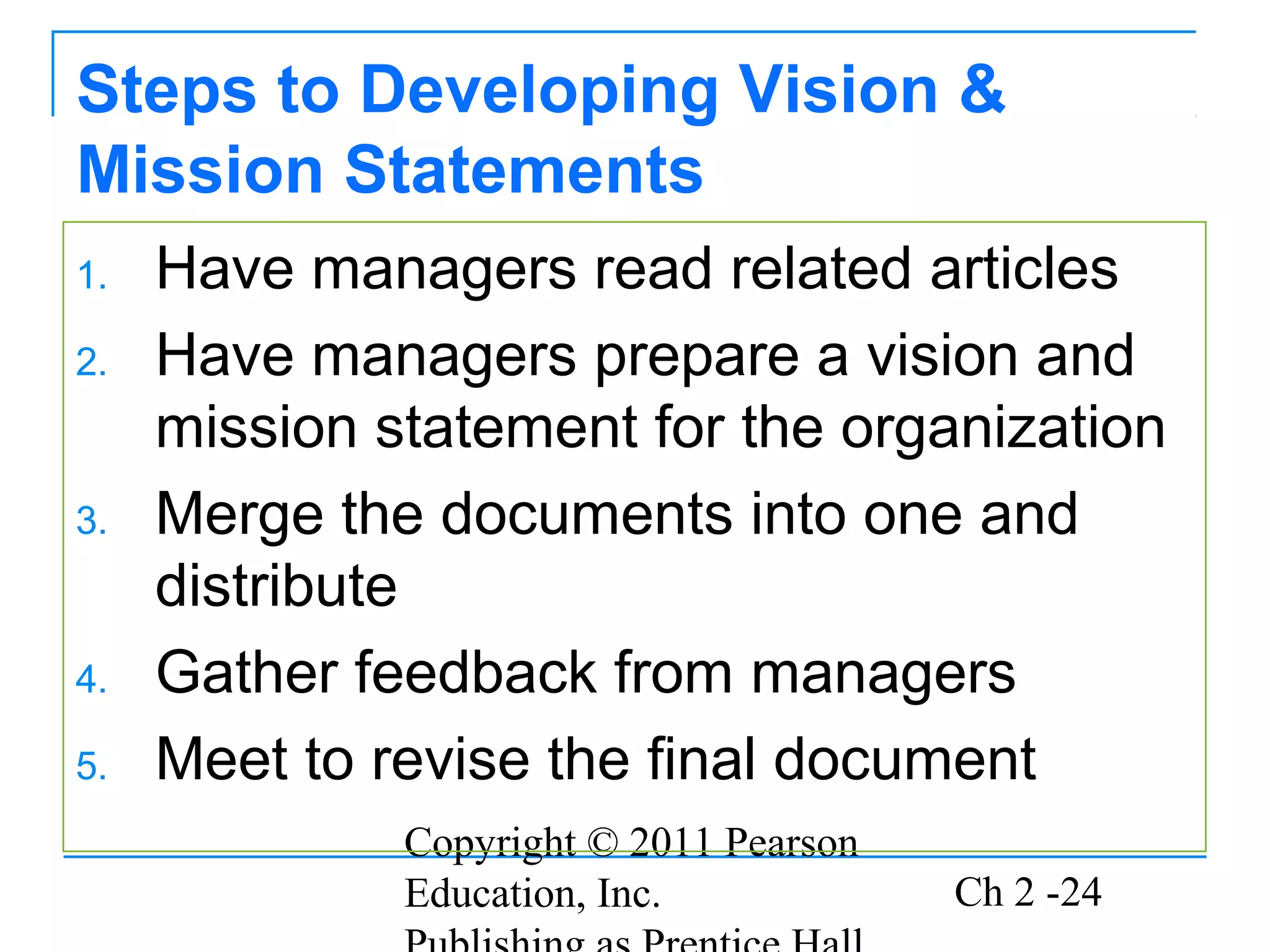 Steps to Developing Vision &
Mission Statements
1.   Have managers read related articles
2.   Have managers prepare a vision and
     mission statement for the organization
3.   Merge the documents into one and
     distribute
4.   Gather feedback from managers
5.   Meet to revise the final document
              Copyright © 2011 Pearson
              Education, Inc.            Ch 2 -24
 