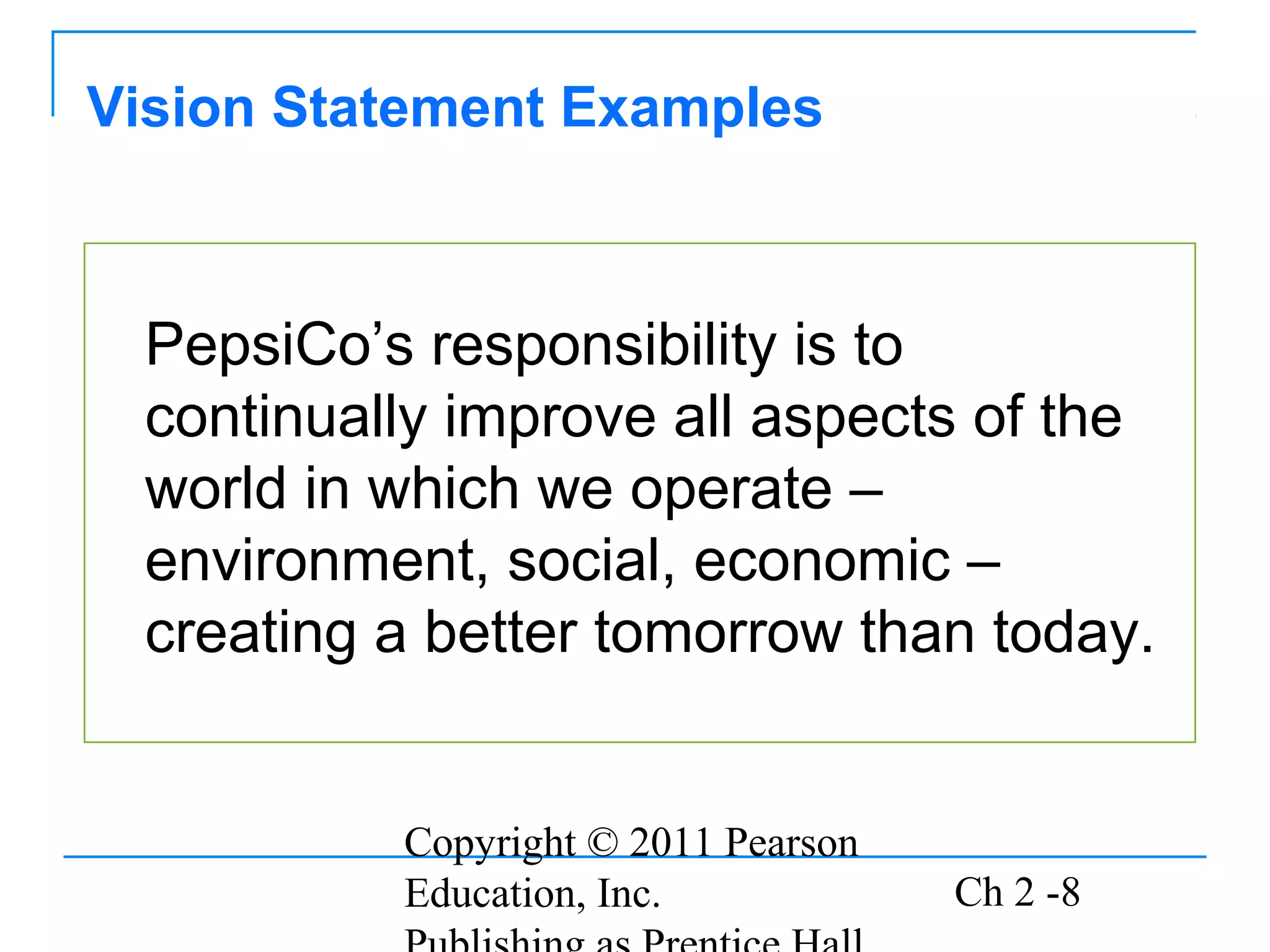 Vision Statement Examples



 PepsiCo’s responsibility is to
 continually improve all aspects of the
 world in which we operate –
 environment, social, economic –
 creating a better tomorrow than today.


          Copyright © 2011 Pearson
          Education, Inc.            Ch 2 -8
 