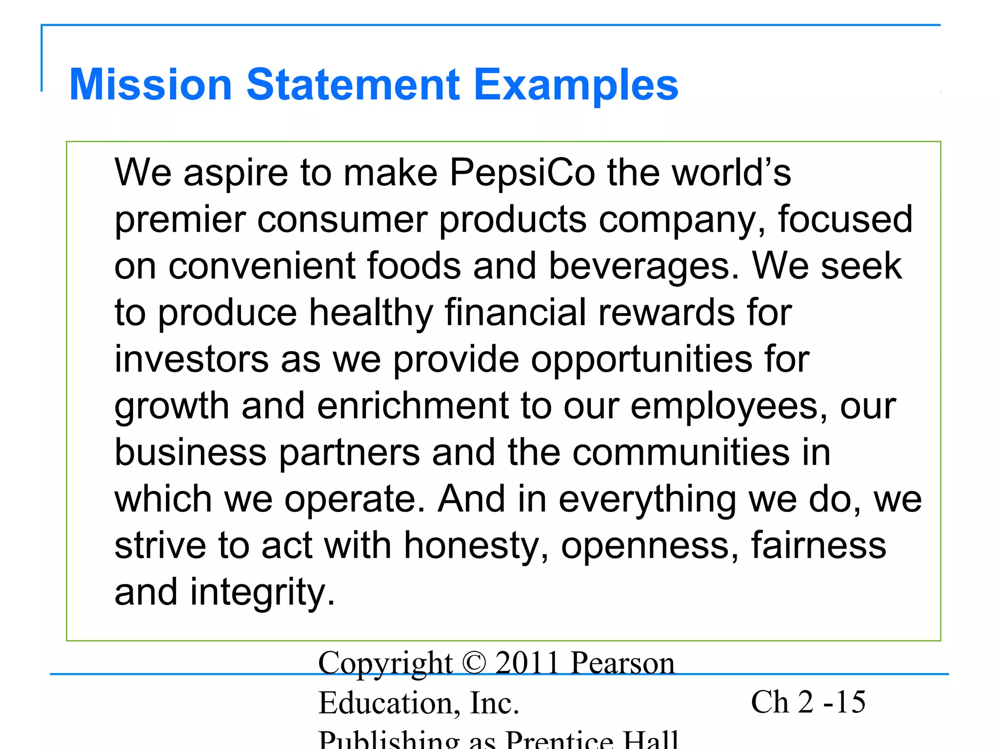 Copyright © 2011 Pearson
Education, Inc. Ch 2 -15
We aspire to make PepsiCo the world’s
premier consumer products company, focused
on convenient foods and beverages. We seek
to produce healthy financial rewards for
investors as we provide opportunities for
growth and enrichment to our employees, our
business partners and the communities in
which we operate. And in everything we do, we
strive to act with honesty, openness, fairness
and integrity.
Mission Statement Examples
 